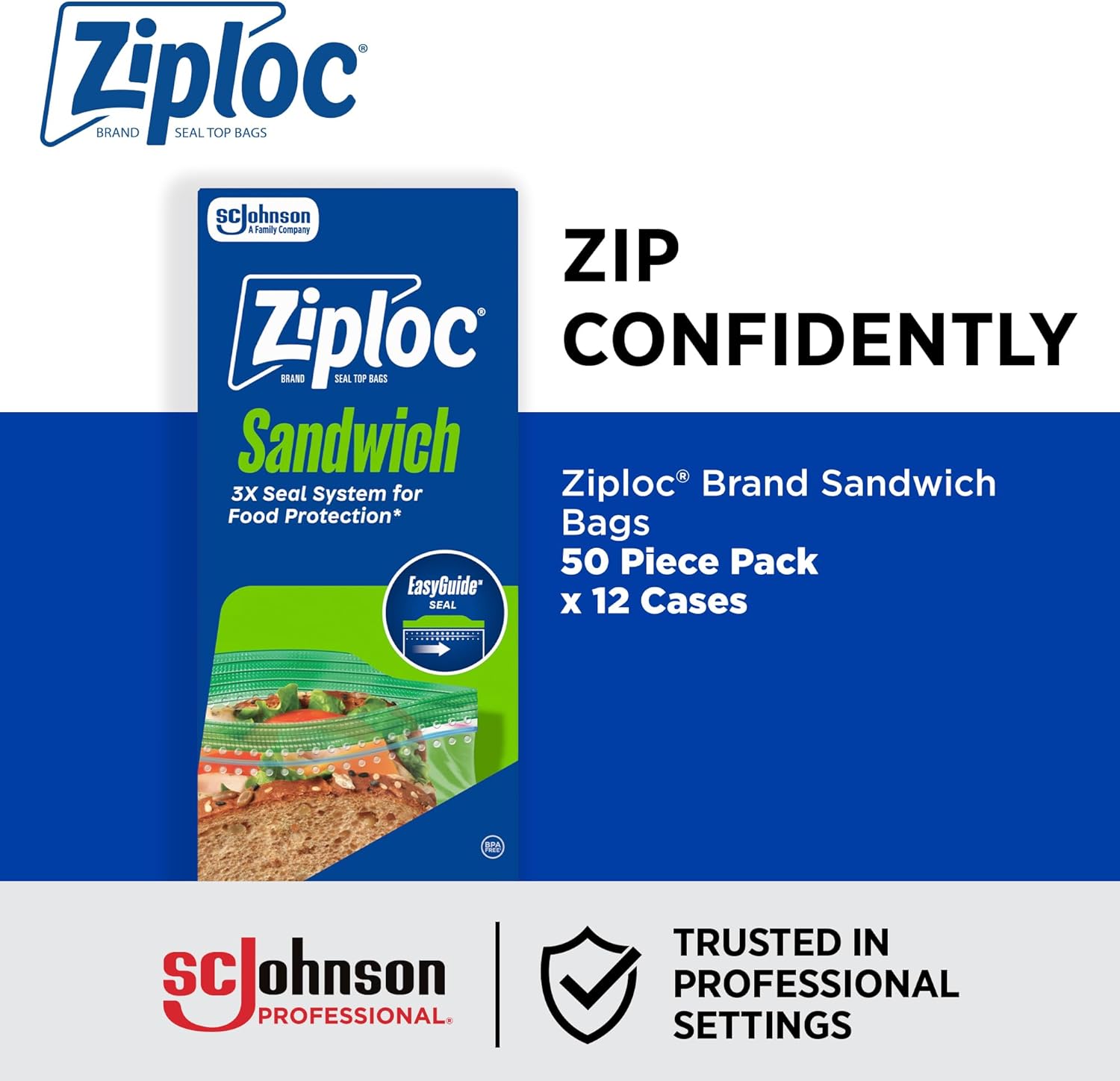 SC Johnson Professional Ziploc Sandwich and Snack Bags, 12 Boxes x 50 Bags, 600 Total Bags