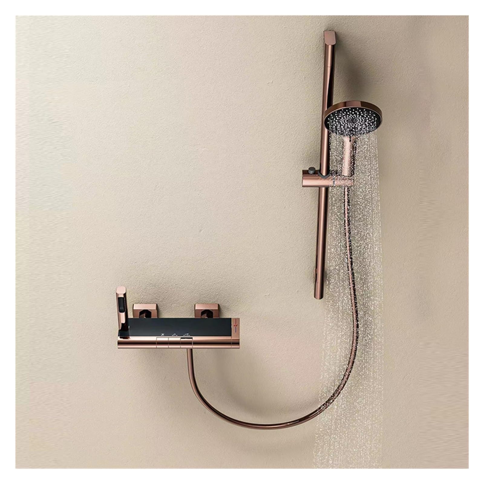Cabezal de ducha elevador de cobre con grifo triple de bañera color oro rosa