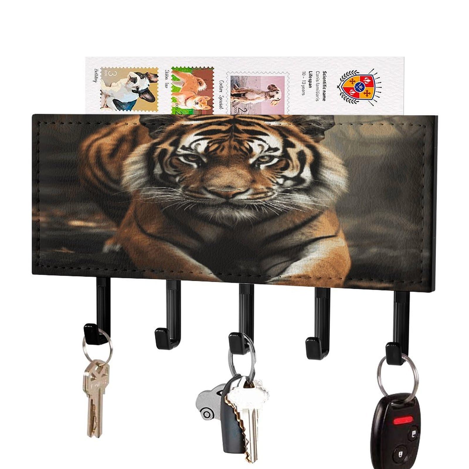 LDGSUPH Wild Animals Tiger Key Holder Wall Mount Key Hanger with 5 Hooks Fashion Key Organizer Rack Hanging Key Hooks with Mail Organizer Key Rack for Home Entryway Hallway Black-Style