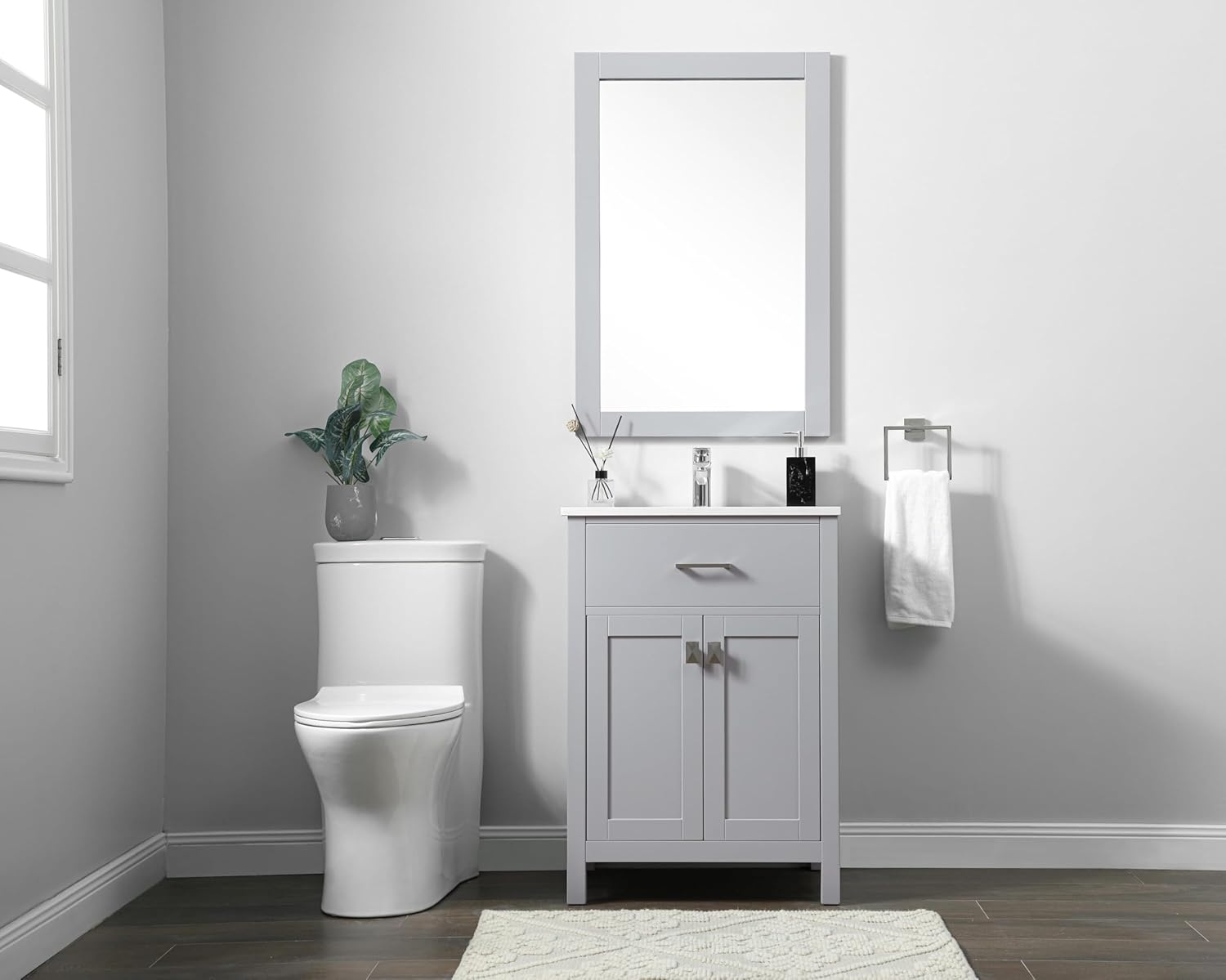 24 Single Bathroom Vanity, with Engineered Marble Top Soft-Close, Grey