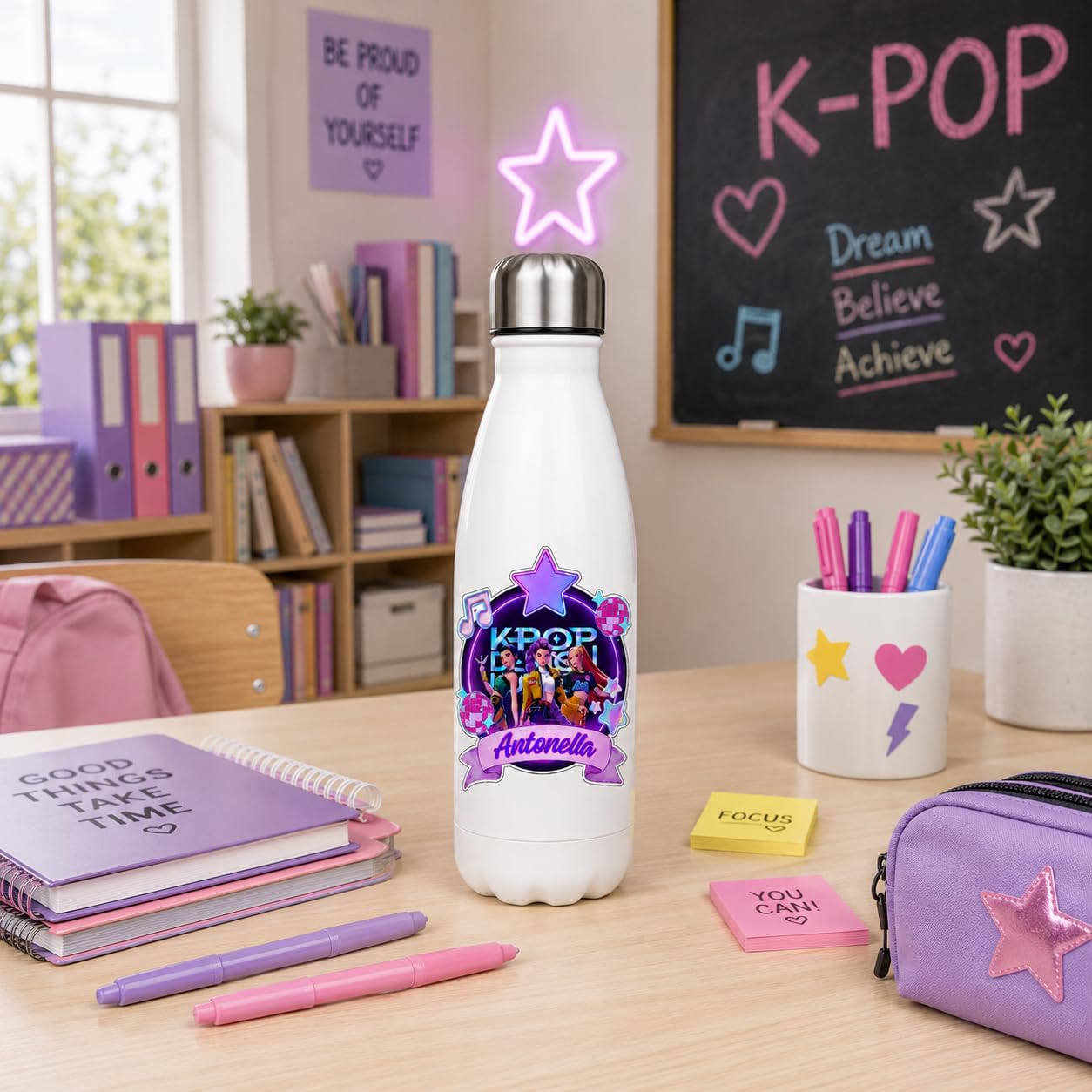 Borraccia Personalizzabile K Pop Dem-on Hunters 500ml In Acciaio Inox Termica - Con Nome Personalizzato - Idea Regalo Per Bambini E Ragazzi
