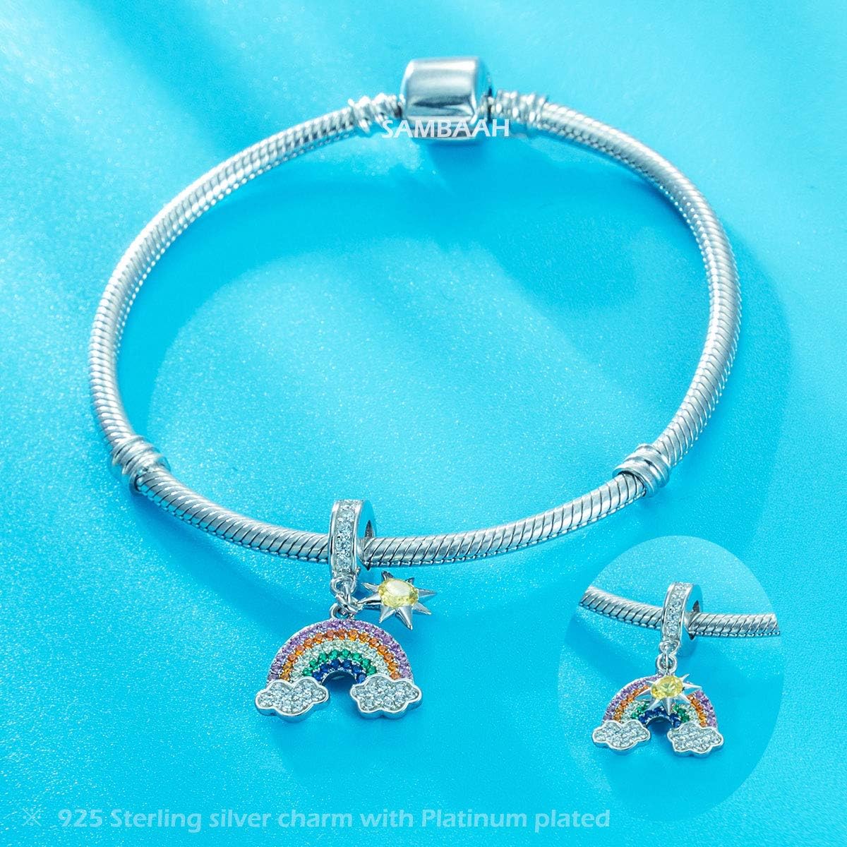 Rainbow Sterling Silver Rainbow Bridge Charm “You are My Sunshine” Love Pendant with Colorful Cubic Zirconia fit Pandora Bracelets