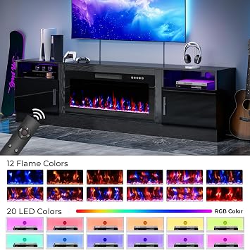 TV Stand with Fireplace, 36 Fireplace TV Stand Entertainment Center with Fireplace, 80 Inch Modern Electric Fireplaces TV Stands for Living Room, Black TV Stands with Fireplaces Up to 90 TV