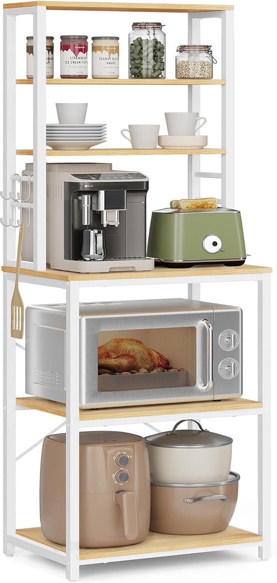 VASAGLE Kitchen Storage Rack, Coffee Bar, Baker's Rack, Total 6 Shelves and 6 Hooks, for Microwave, Steel Frame, Industrial, 40 x 60 x 167 cm, Golden Oak and Cloud White KKS024W09