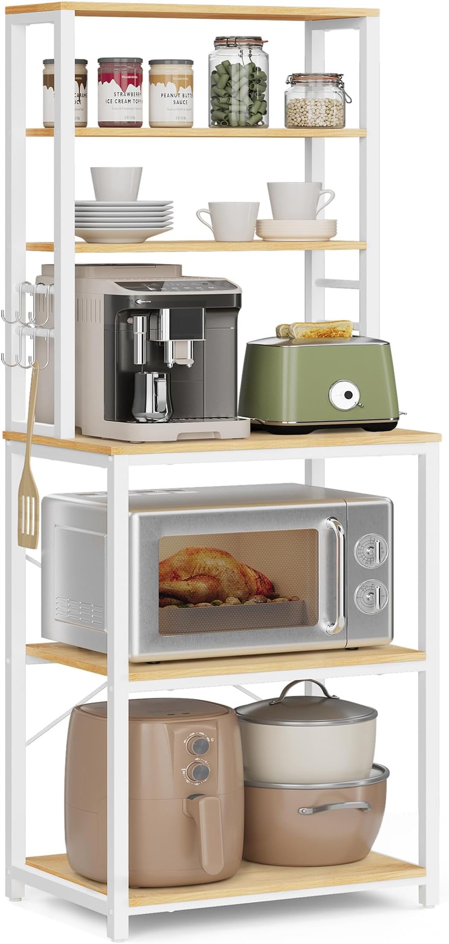 VASAGLE Kitchen Storage Rack, Coffee Bar, Baker's Rack, Total 6 Shelves and 6 Hooks, for Microwave, Steel Frame, Industrial, 40 x 60 x 167 cm, Golden Oak and Cloud White KKS024W09
