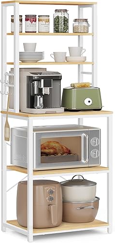 VASAGLE Barra de café, estante de panadería de 23.6 pulgadas para cocina con almacenamiento, estantes de cocina de 6 niveles con 6 ganchos, soporte
