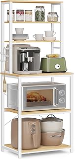 VASAGLE Estantería de Cocina, Estantería de Panadería, 6 Estantes y 6 Ganchos, para Microondas, Marco de Acero, Industrial, 40 x 60 x 167 cm, Roble y Blanco KKS024W09
