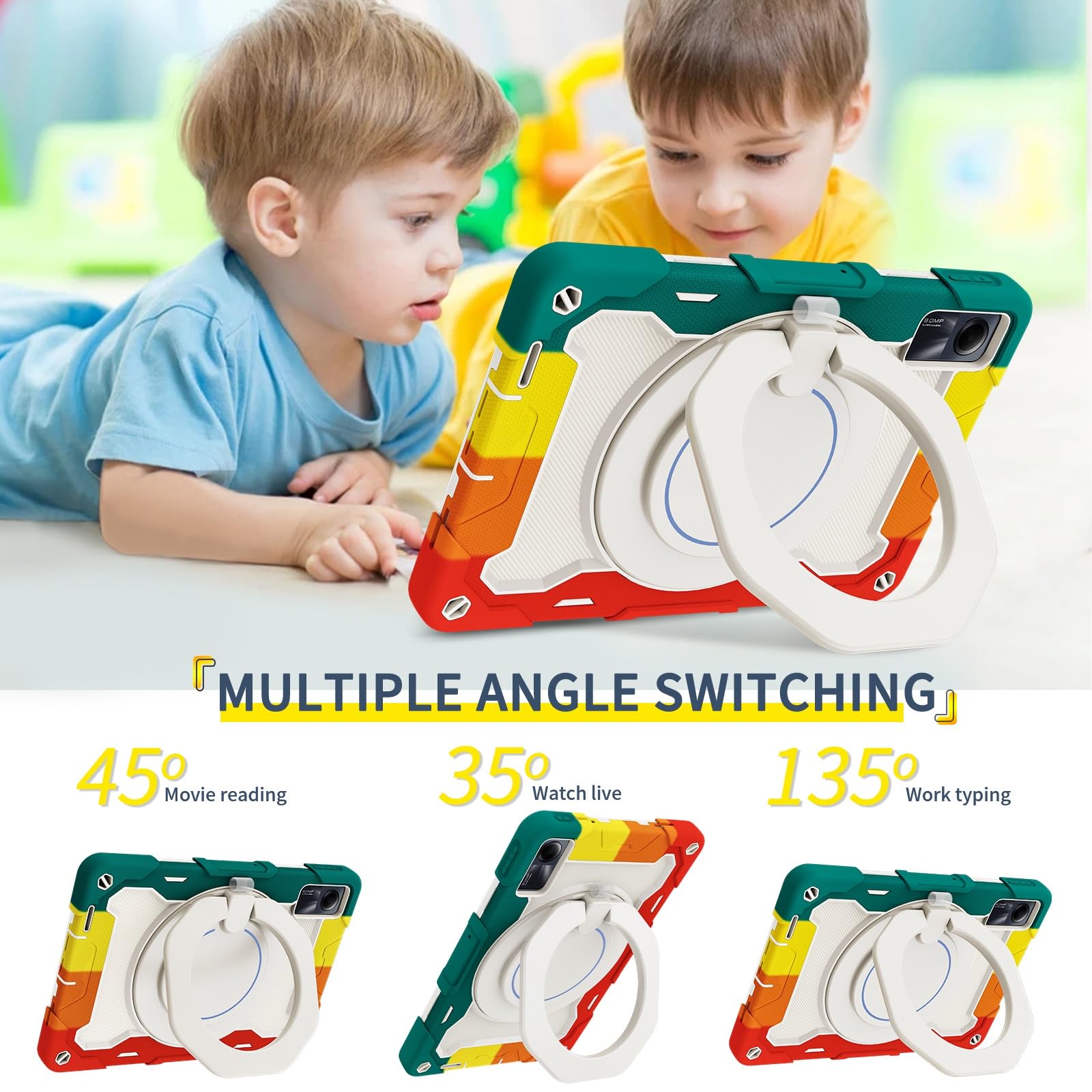 Custodia protettiva resistente per Xiaomi Redmi Pad SE 11" 2023, supporto rotante a 360°, tracolla, portapenne e anello per impugnatura, copertura antiurto, per bambini e adulti (rosso verde)