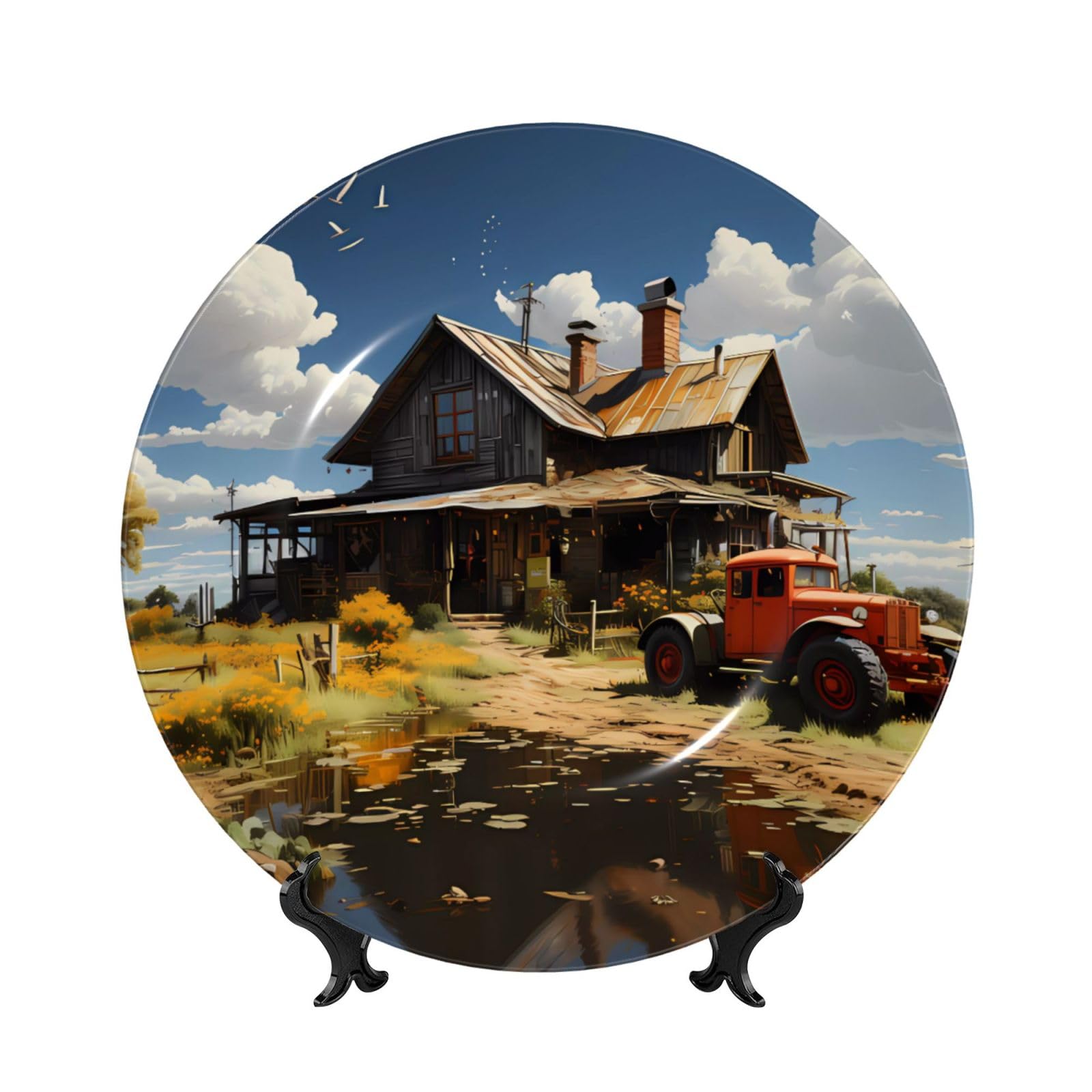 SXZVVBN Texas Farm Tractor Bone China Decorative Plate Art with Stand Removable Adhesive Hanging for Home Office 7in