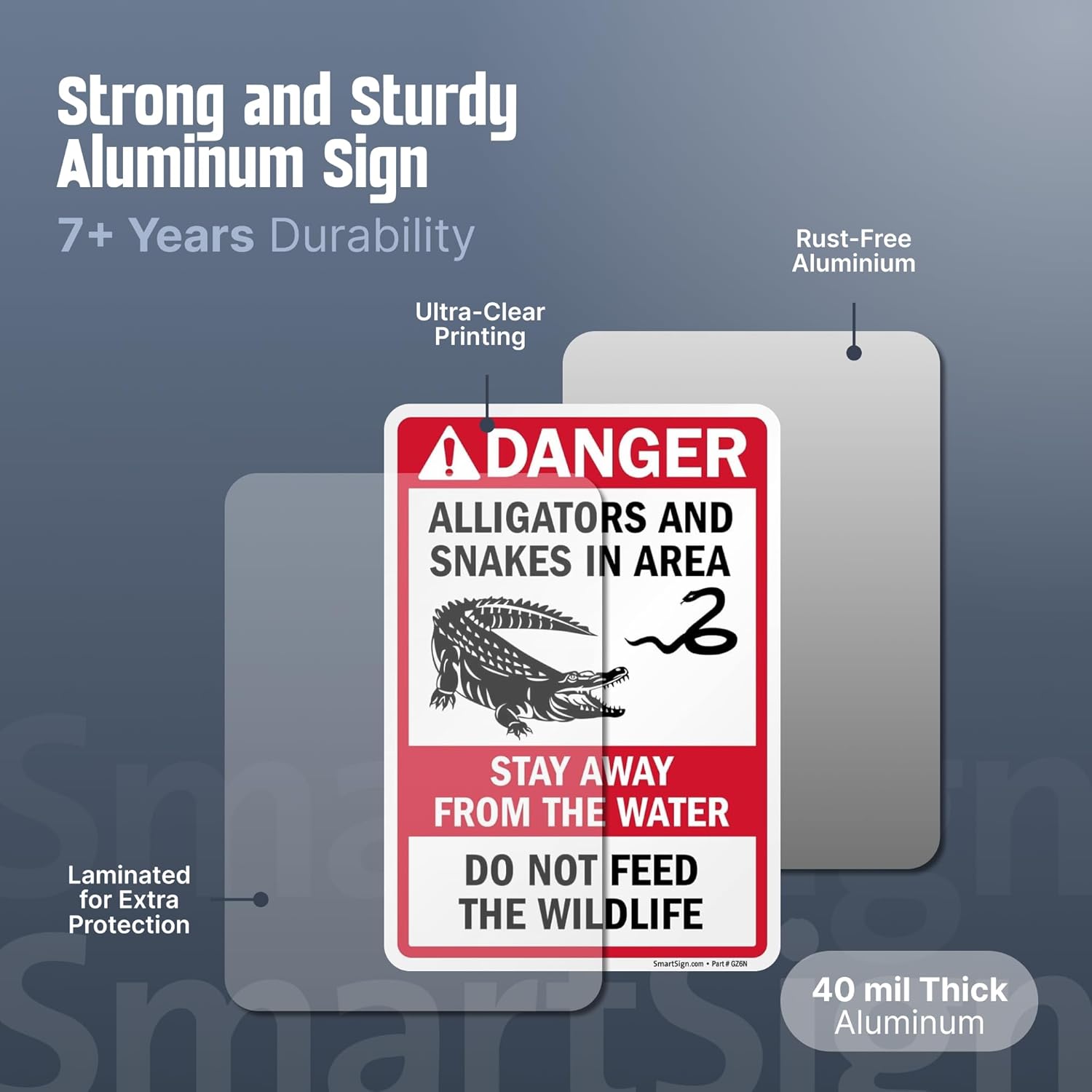 SmartSign 10 x 7 inch “Danger - Alligators And Snakes In Area - Do Not Feed Wildlife” Yard Sign with 18 inch Stake, 40 mil Laminated Rustproof Aluminum, Red/Black on White, Set of 1