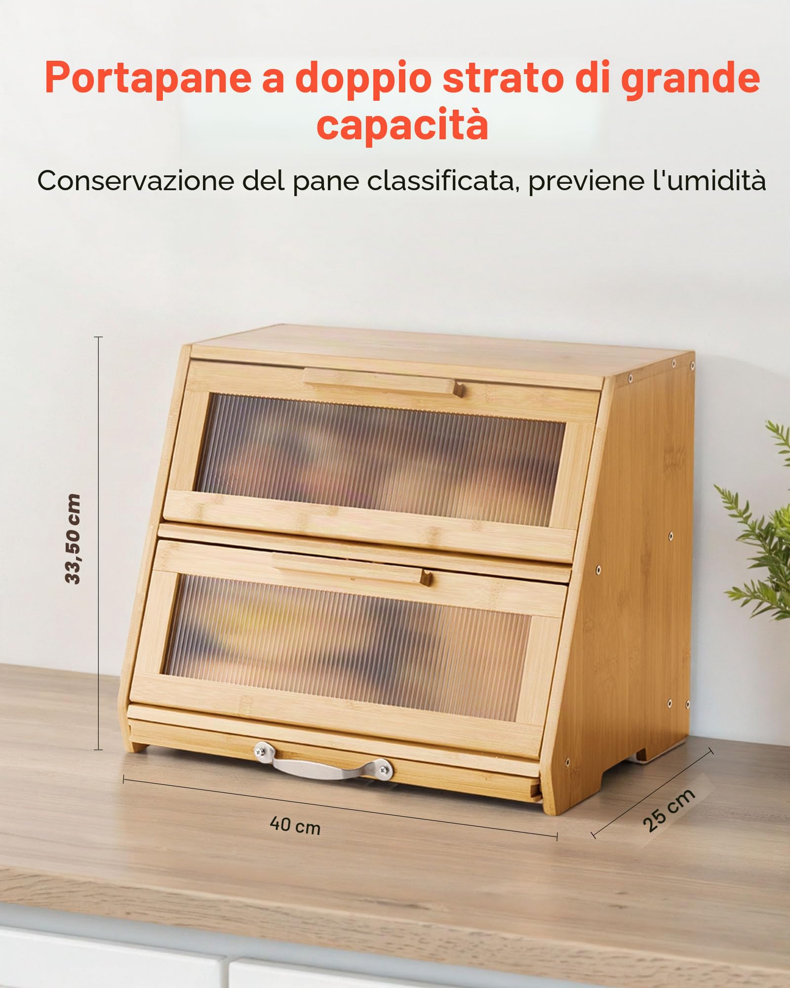 VEVOR Contenitore per Pane a Doppio Strato per Bancone della Cucina 390 x 260 x 320 mm Contenitore per Pagnotta in Legno di Bambù per Pane Fatto in Casa, con Pannello Porta in Acrilico Ondulato