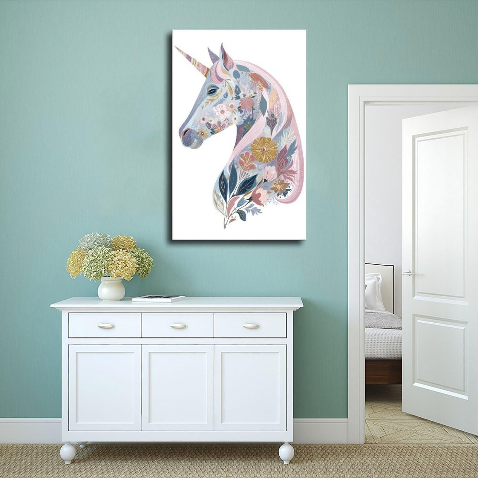 Poster su tela con unicorno floreale per ufficio, regalo decorativo