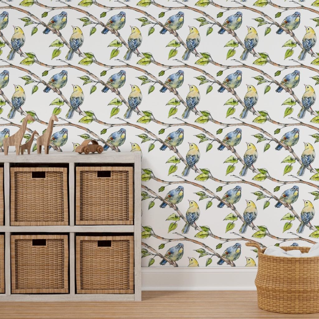 Peel & Stick Wallpaper 3ft x 2ft - Watercolor Birds Nature Bird Painting Happy Branch Green Yellow Bright Woodland Custom Removable Wallpaper by Spoonflower