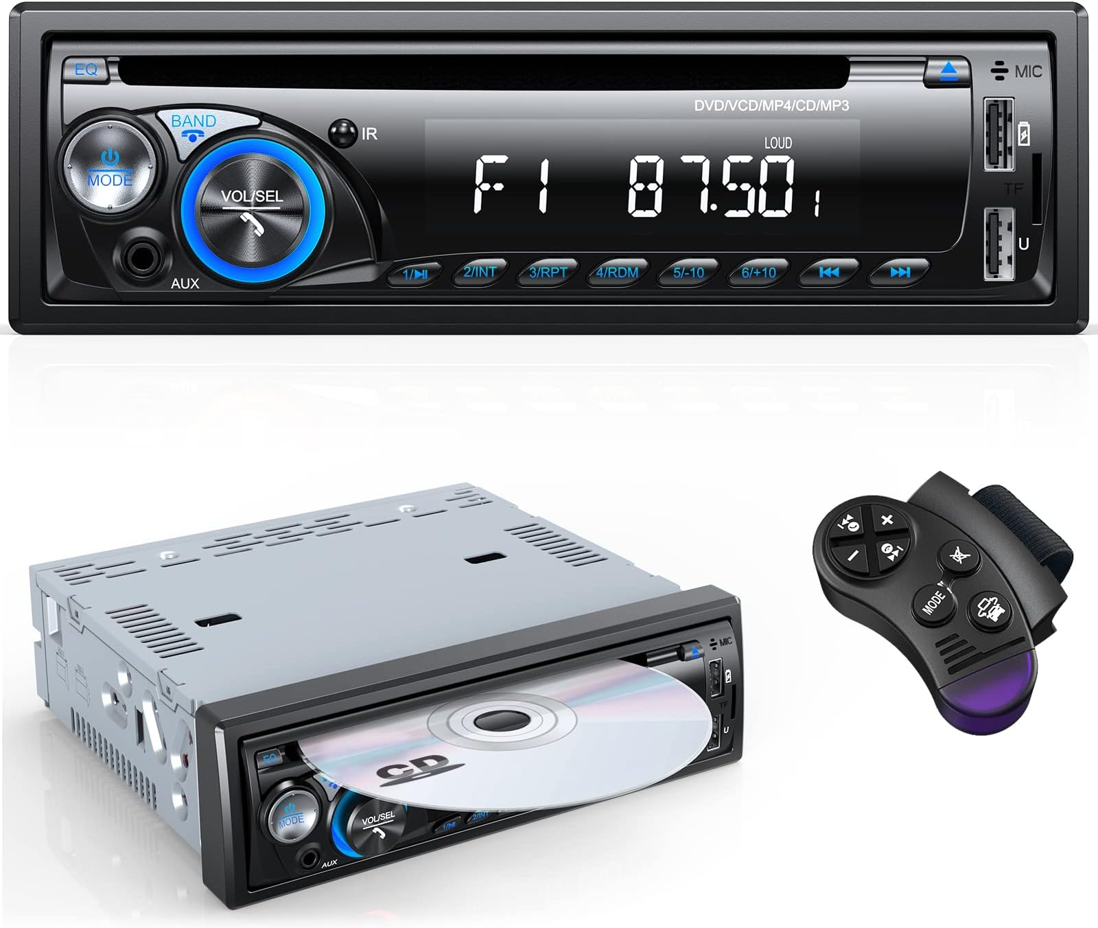 Car Stereo Bluetooth,1DIN RDS/FM/AM Car Radio,9V-24V/7 Colors Radio with CD DVD Player