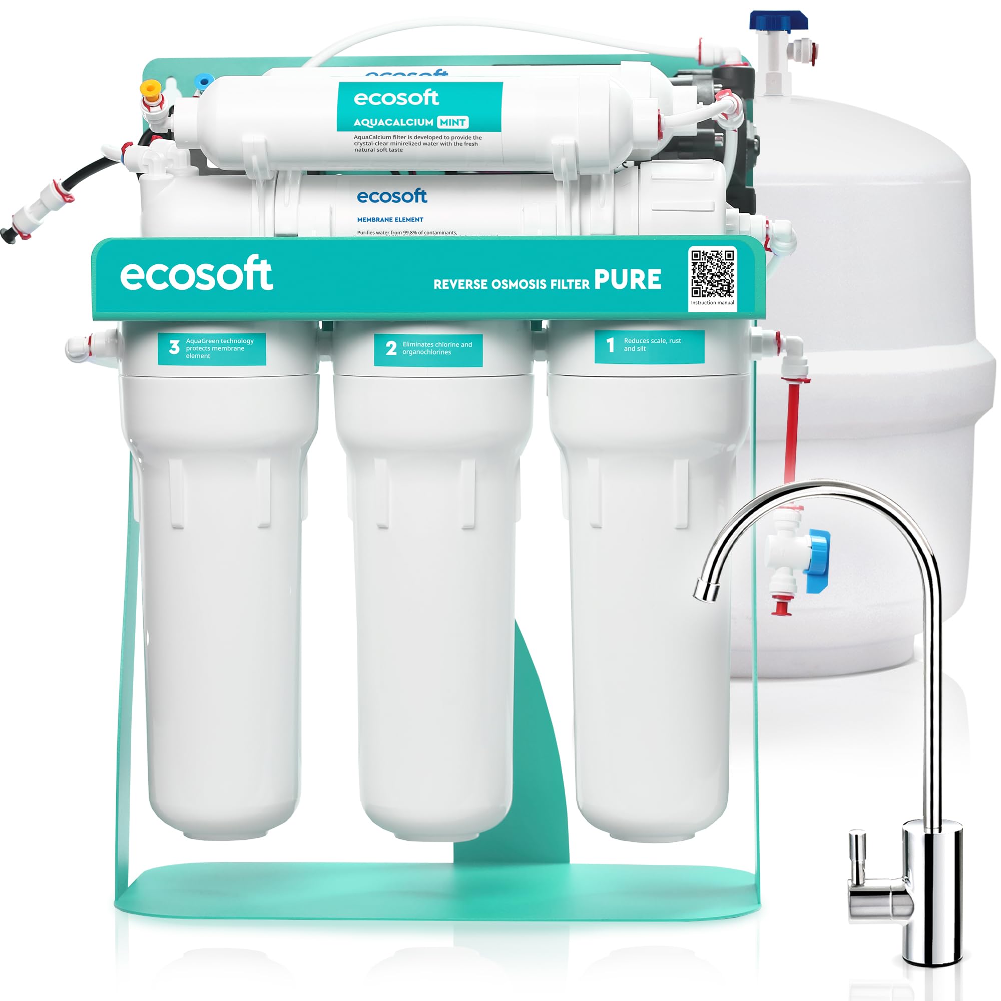Ecosoft P'URE AquaCalcium - Filtro con Bomba Montado Sobre Estructura Metálica, Ósmosis Inversa Para el Hogar, Elimina el 99.8 % de los Contaminantes del Agua, Mineraliza el Agua Potable con Calcio