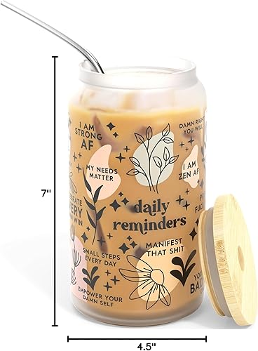 Miniatura 8 de Taza de café helado Daily Affirmation Frosted, tazas de vidrio con tapas y pajitas de bambú  Vaso de vidrio con popote y tapa para la salud mental