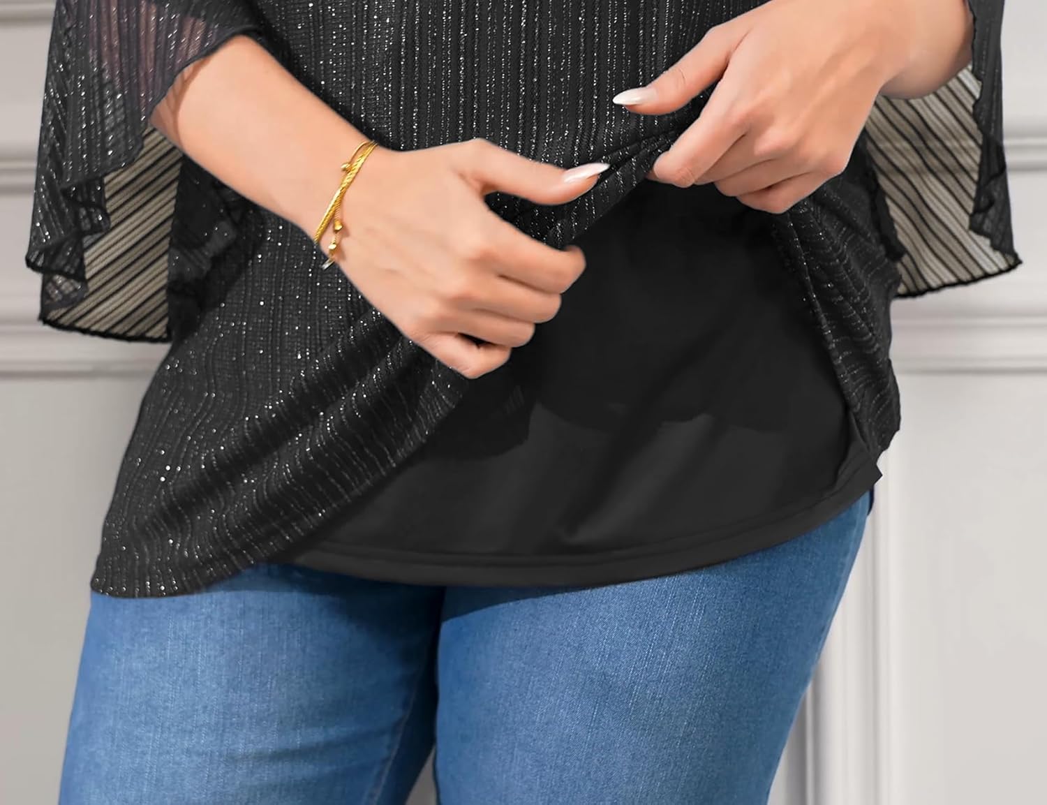 ZOMVA Women's Plus Size Ruffle 3/4 Sleeve Blouses Casual Elegant Dressy Crew Neck Double Layers Sparkly Mesh Tunic Tops - Image 6