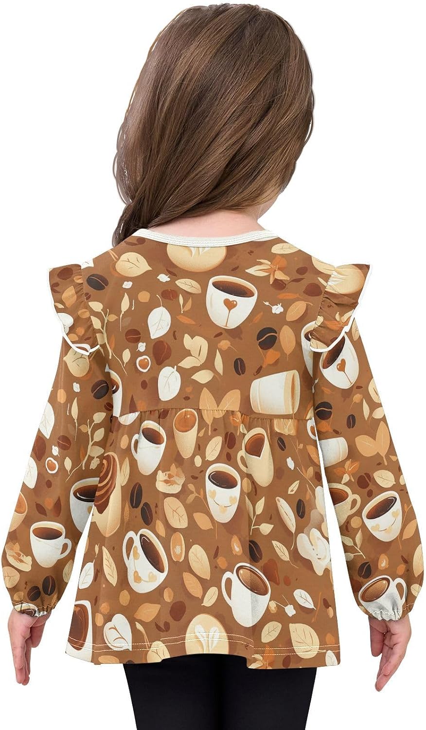 visesunny Toddler Clothes for Girls Coffee Cocoa Nib Pull Pattern Long Sleeve Fall Shirts Cotton Top with Ruffle Collar