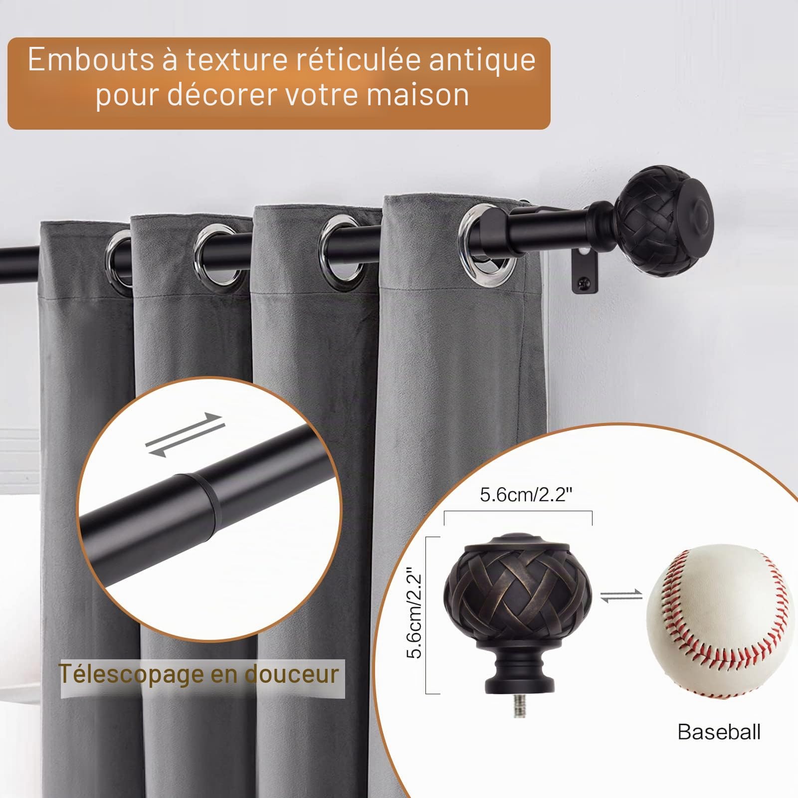 SZXIMU Tringle à rideaux extensible noire 182 à 365 cm | Embout rond, Structure en maille, Pour fête, cuisine, chambre à coucher