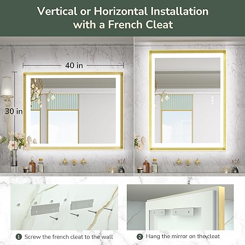 Miniatura 7 de TokeShimi Espejo de baño con marco dorado de 40 x 30 pulgadas con luces delanteras y retroiluminada de aleación de aluminio rectangular, borde