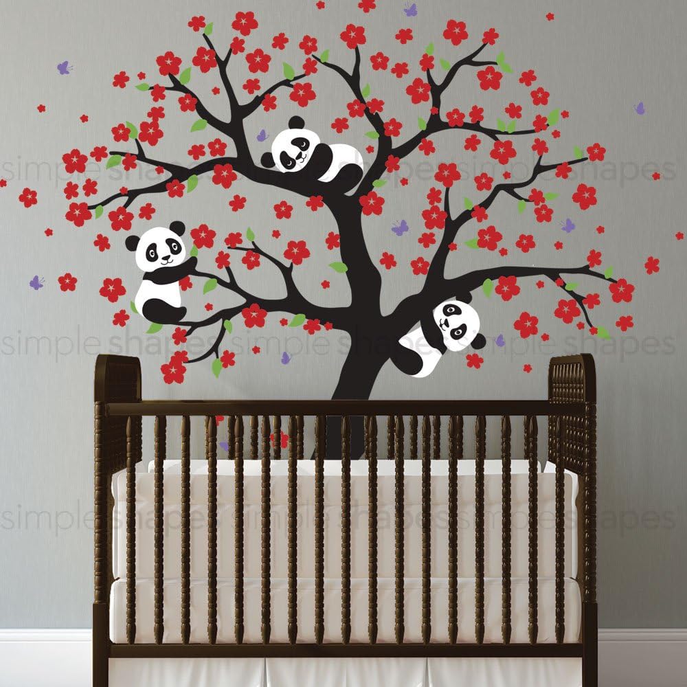 Panda and Cherry Blossom Tree Wall Decal - Scheme C - by Simple Shapes ®