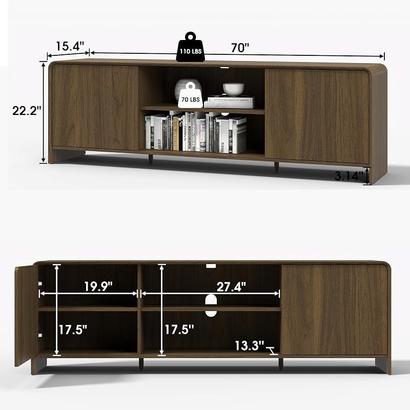 Bevfint Modern TV Stand for 80 Inch TVs, Rustic Entertainment Center for Cozy Home Theater & Holiday Gatherings, Dark Oak Media Console Cabinet with Storage & Arc Design - Walnut Grain image 6