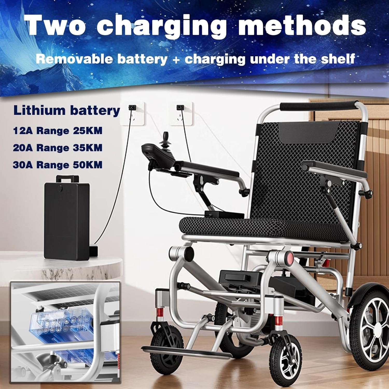 Sedia A Rotelle Elettrica Leggera con Telecomando,capacità Carico 150 kg,Sedia A Rotelle Elettrica Pieghevole Ultraleggera 14,9 kg,Sedia A Rotelle Elettrica Pieghevole per La Casa 30A