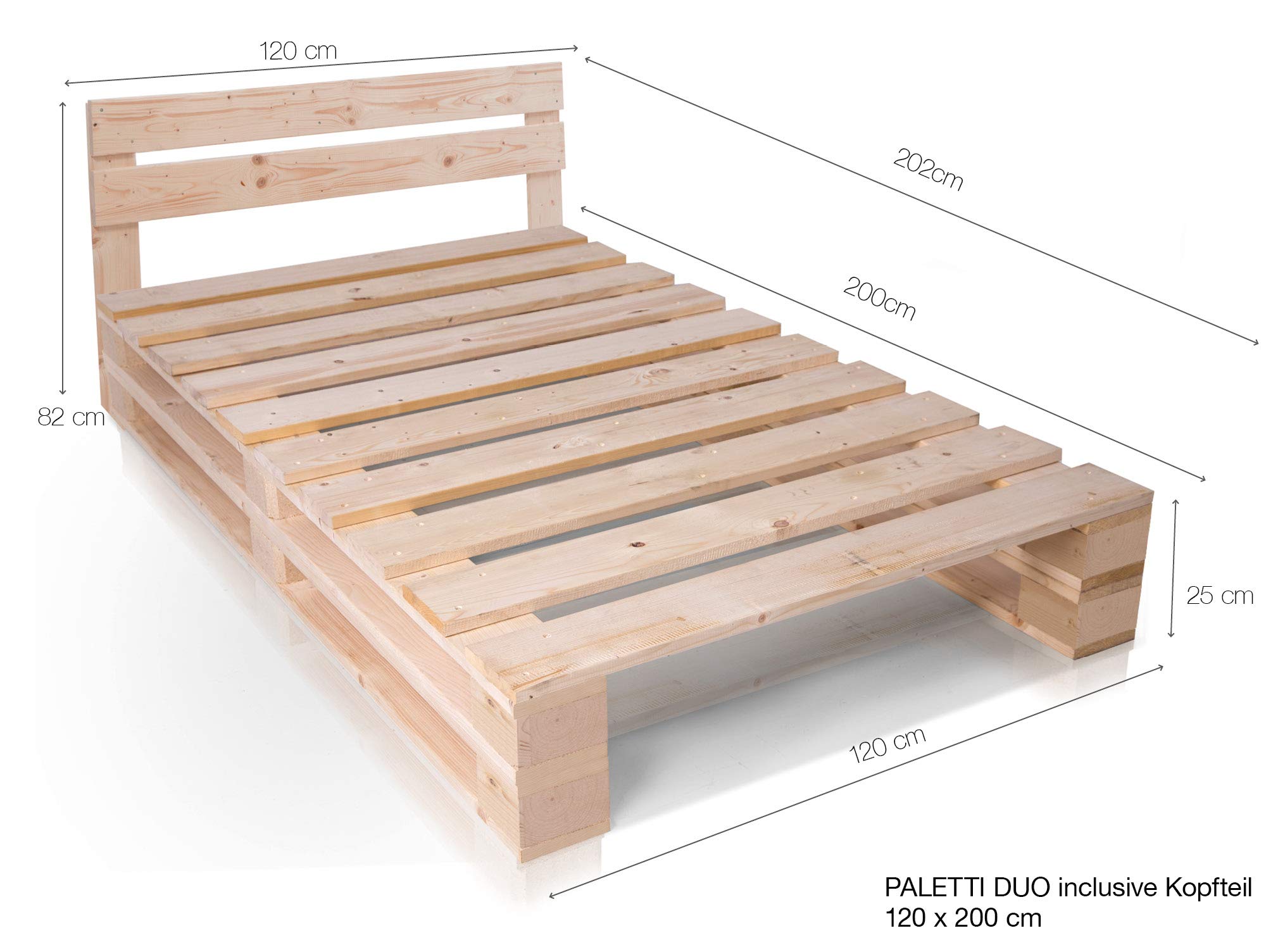 PALETTI Palettenbett inklusive Kopfteil Massivholzbett Holzbett Bett aus Paletten mit 11 Leisten, Palettenmöbel, 120 x 200 cm, Fichte Weiss