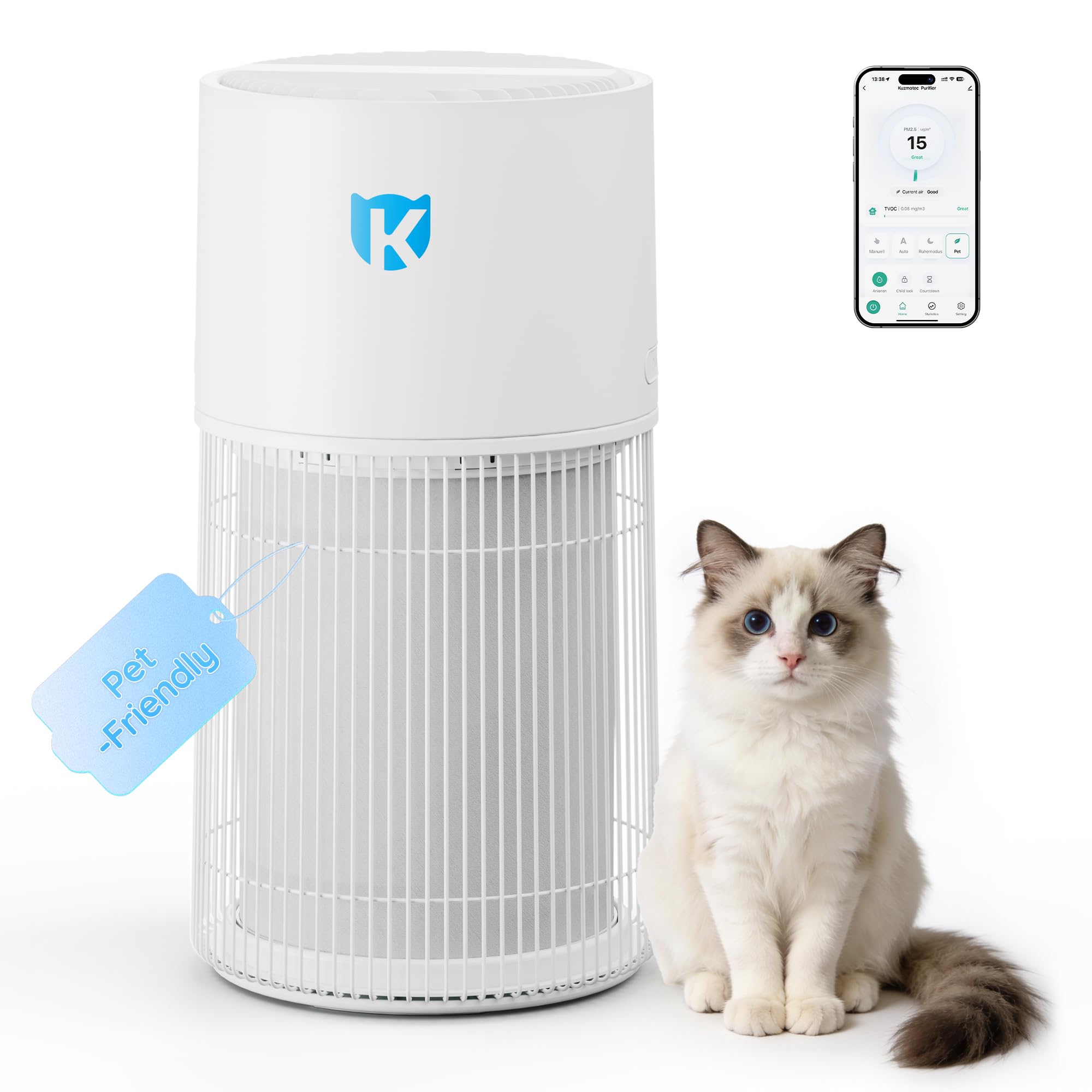JUMMICO purificateur d'air pour animaux, air purifier intelligent avec filtre HEPA 4 étages, CADR 450 m³/h, filtre 99,97% allergènes comme poils d'animaux et particules fines, idéal pour animaux