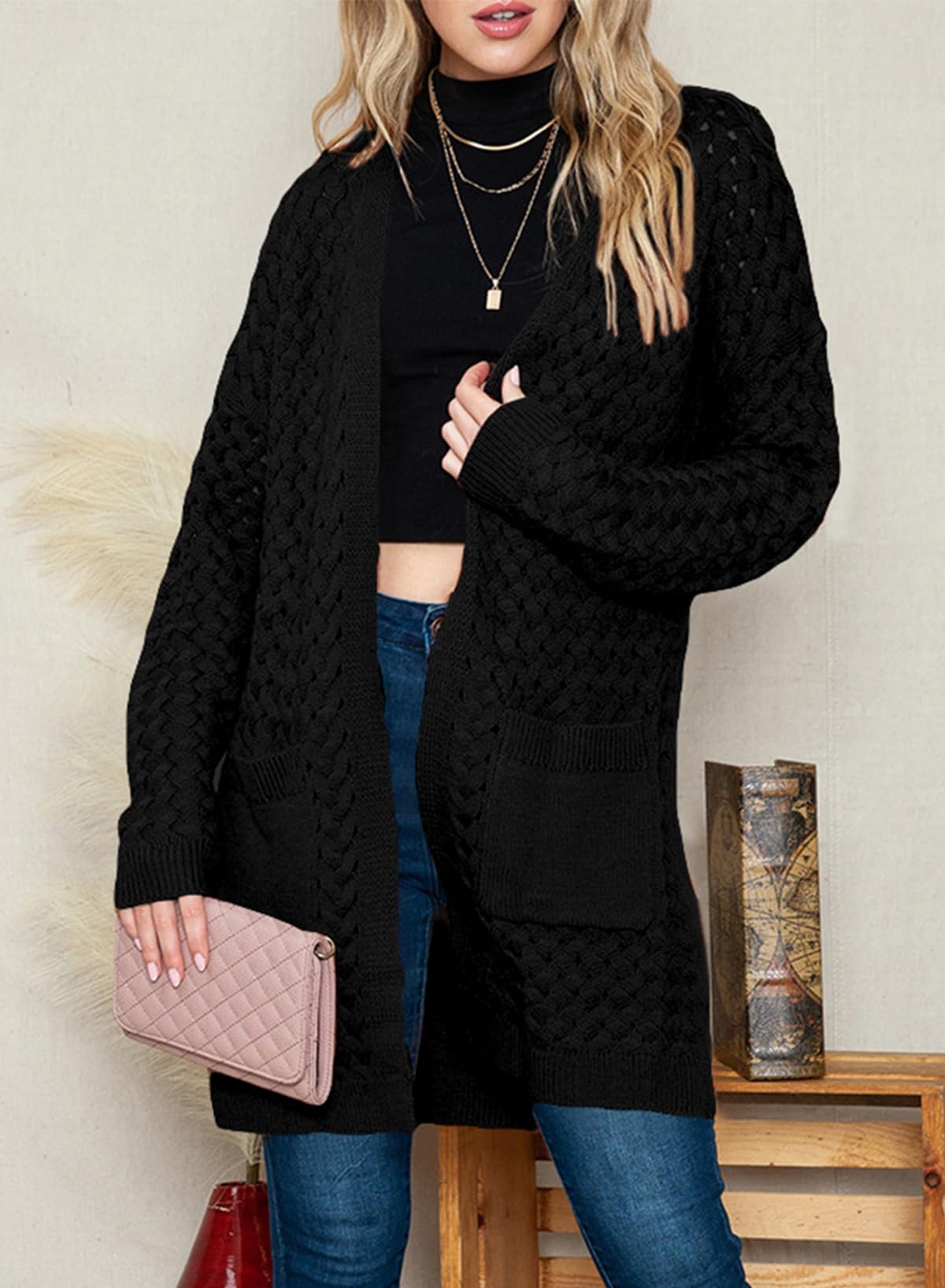 Chaqueta larga de punto para mujer, chaqueta de punto frontal abierta, abrigo con bolsillos, ropa exterior holgada informal para uso diario, Negro , S