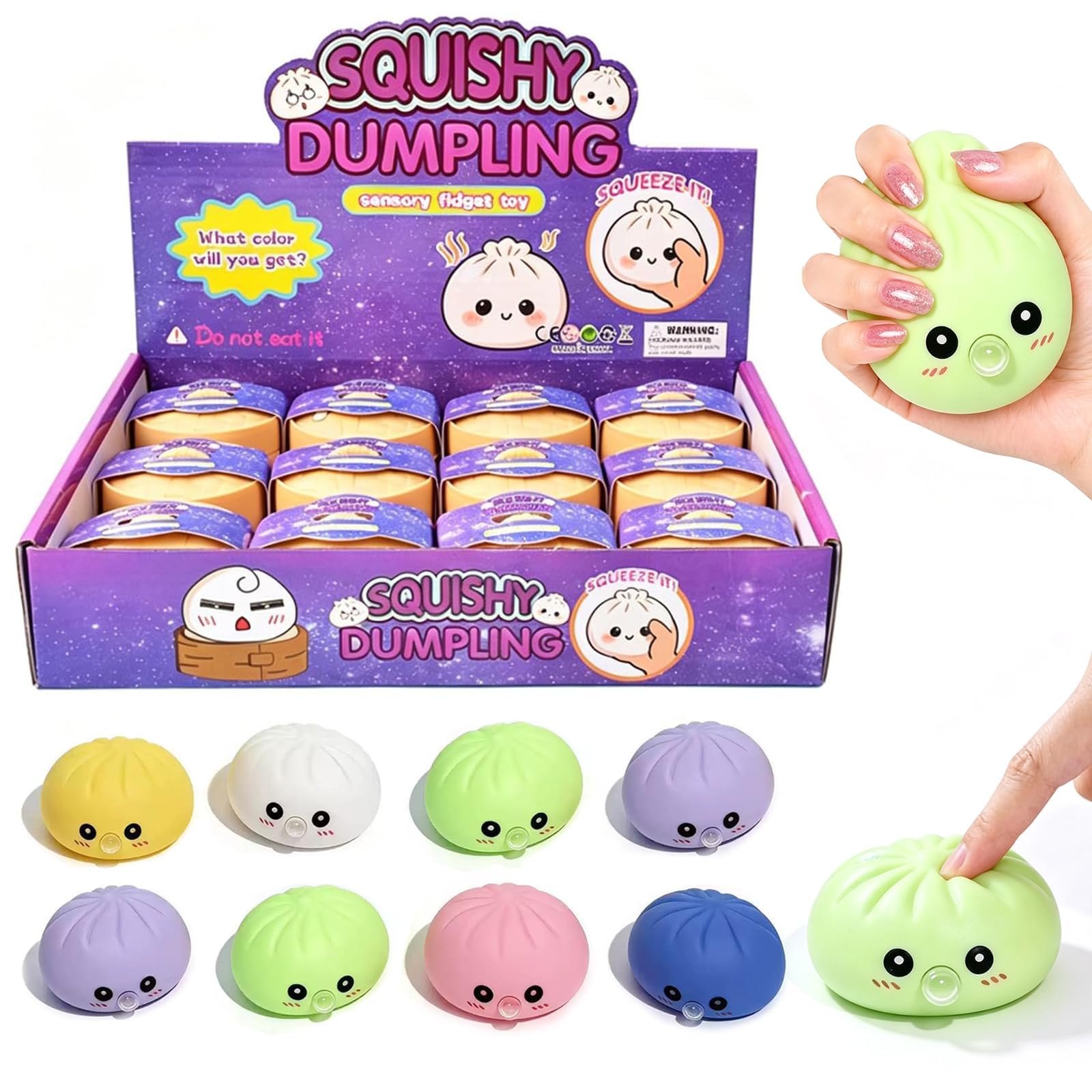 12pcs Glitter Dumpling Squishy, Bao Squishy Dumpling Toy with Plastic Steamer Box, Cute Soft Sensory Fidget Squeeze Toys for Kids Boys Girls Adults Home Office Classroom (D)