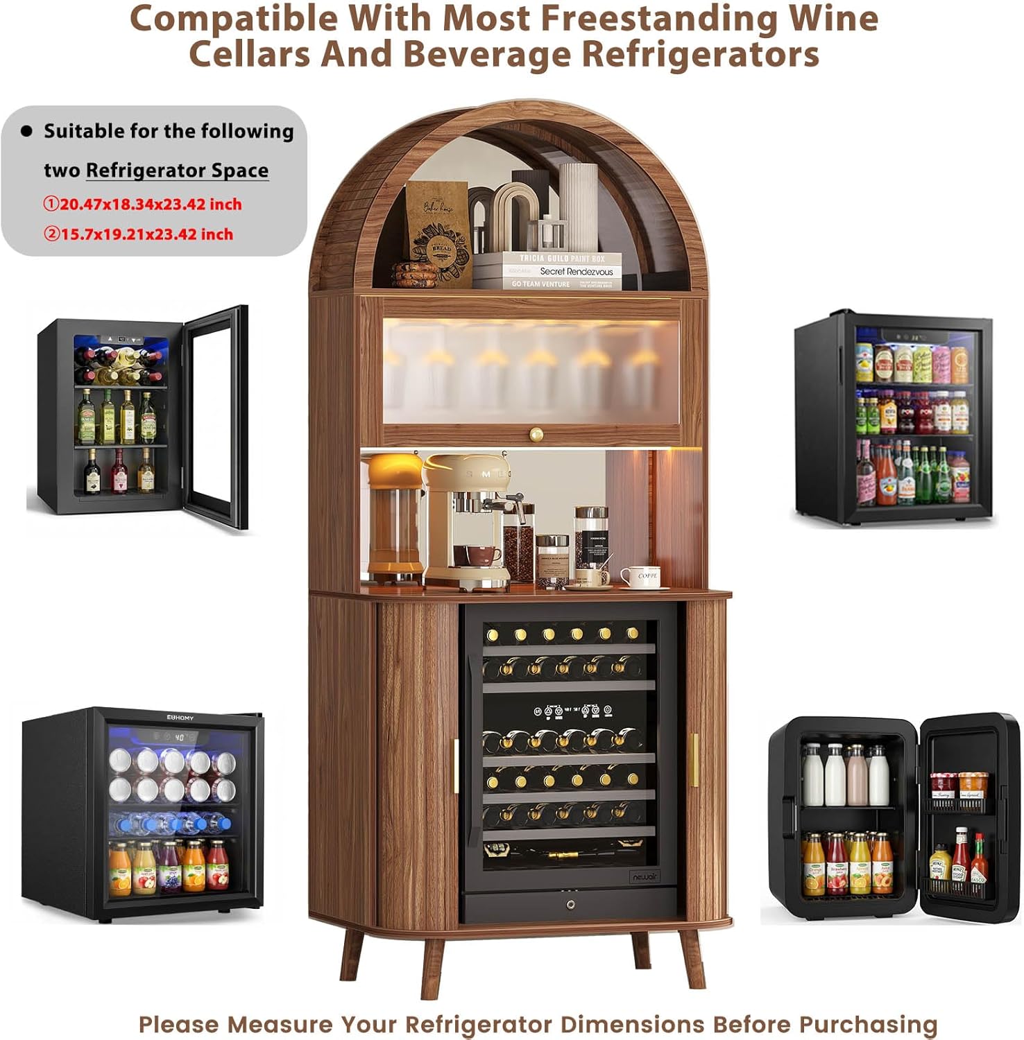LVB Arched Bar Cabinet with Fridge Space, Mid-Century Fluted Coffee Bar Cabinet with Storage, 73" Tall Home Bar with LED Light, Wine Liquor Cabinet with Mirrored for Kitchen Dining Living Room, Walnut