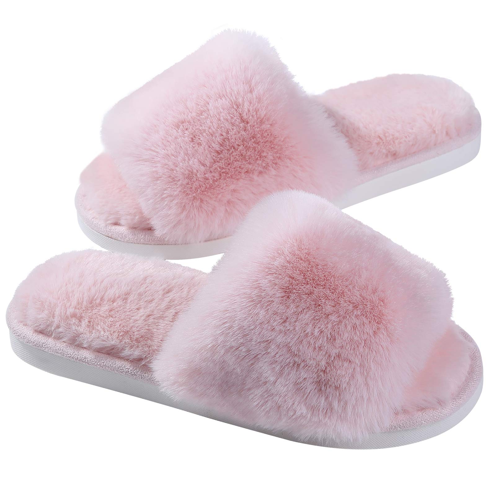 Evshine Women's Fuzzy Slippers Cross Band Soft Plush Open Toe House Slippers Anti-Skid Cozy Memory Foam Slip on Indoor or Outdoor Slippers for Women