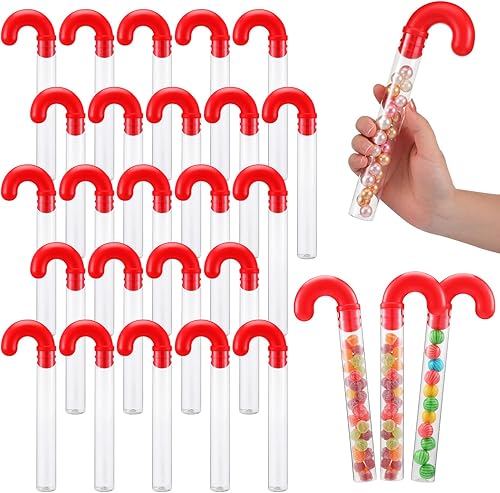 24 tubos grandes de plástico transparente para bastón de caramelo de Navidad con decoración roja, suministros para fiestas de Navidad, rellenos de