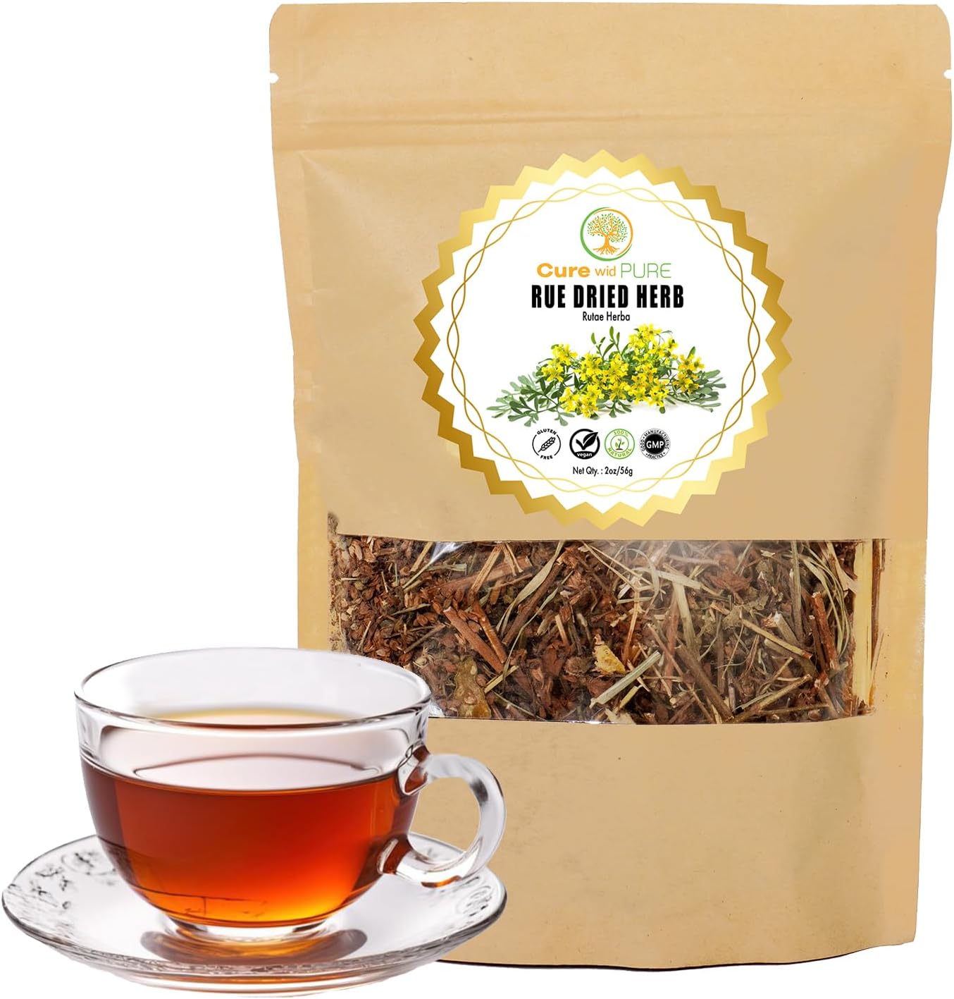 Cure wid Pure Dried Rue Herb - Ruda Planta Natural In Eco-Friendly Resealable Pouch - Rich Taste & Aromatic Dried Rue Plant Herbal Tea 2 oz/56 g