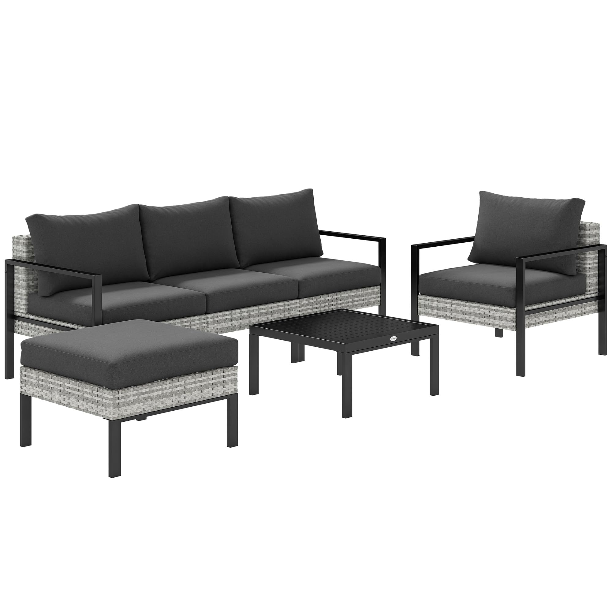 Outsunny Salon de Jardin Extérieur 5 Personnes Charge 120 kg Gris Clair | Salon de Balcon en Résine Tressée, Fauteuils, Pouf, Table Basse, Coussins Déhoussables Inclus