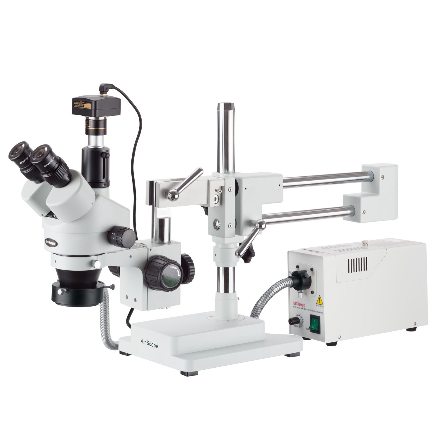 AmScope 3,5 x -45 X simul-focal estéreo Zoom microscopio en Boom Soporte con cable de luz y 10 MP cámara