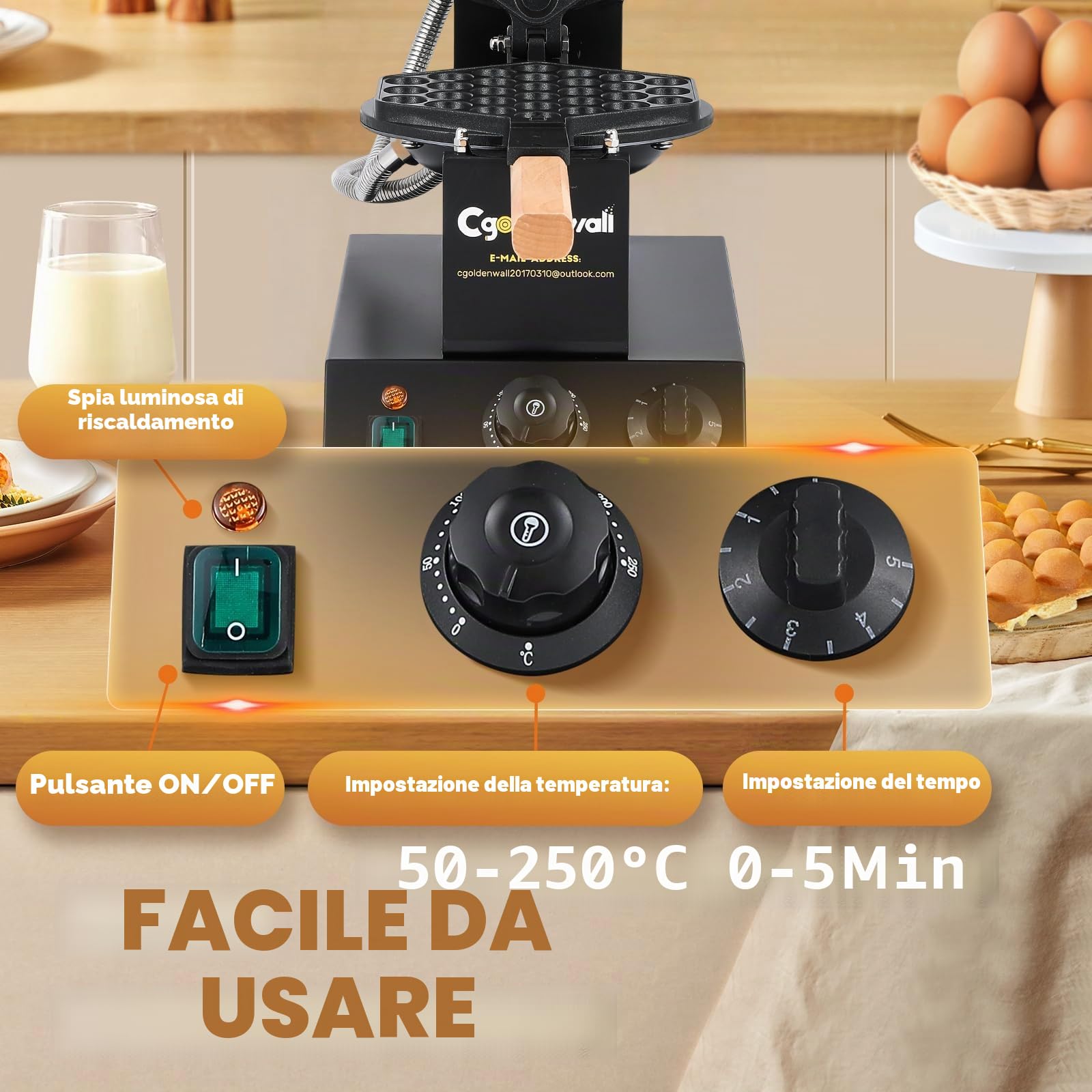 CGOLDENWALL Macchina per Bubble Waffle Commerciale, Antiaderente, 1400W