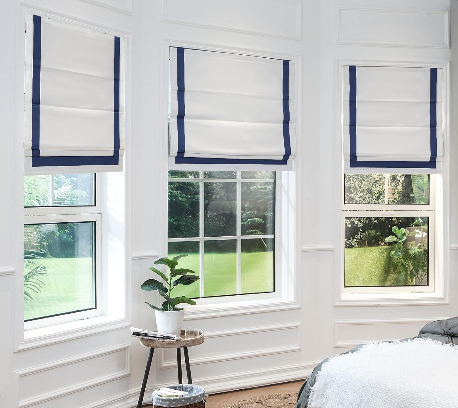 Poyester Greenwich 100% Blackout Roman Shade with Ribbon Border 48x64 Navy