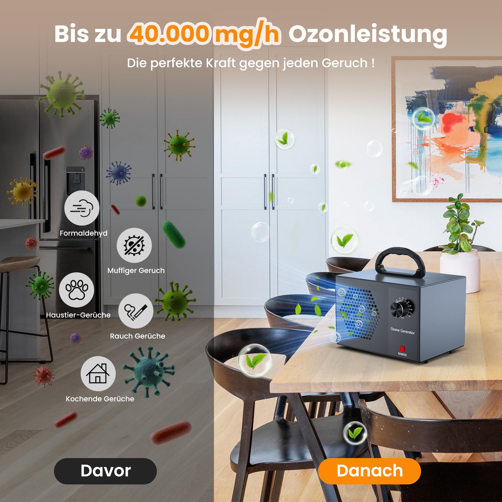 Generatore di Ozono 40000 mg/h, Purificatore d'Aria Deodorante Professionale Fino a 300㎡, Macchina Ozono Alta Capacità O3 con Timer 120 Min, Ozonizzatore per Casa Ambienti, Auto, Uffici, Hotel