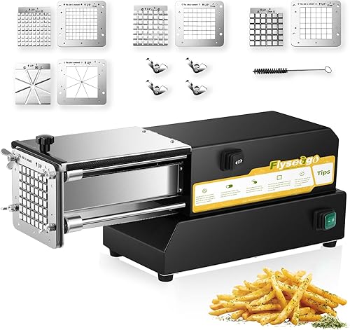 Flyseago Cortador de patatas fritas eléctrico de acero inoxidable profesional con 4 cuchillas para uso comercial doméstico y pepinos zanahorias