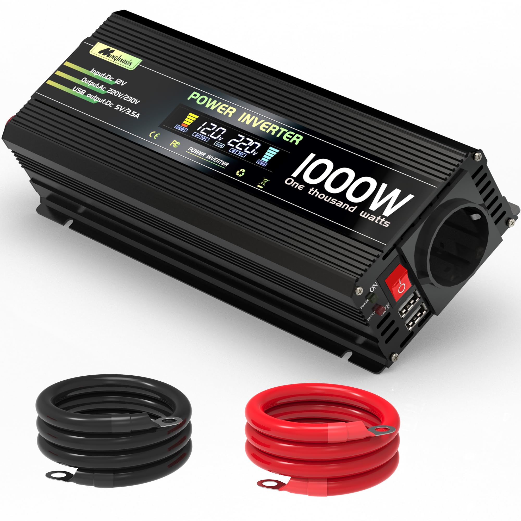 1000W/2000W Convertisseur 12V 220V/230V Transformateur, DC AC Onduleur Power Inverter Allume 2 Prise EU De Courant Alternatif LCD pour Voiture, Camping, Voyage, Panneau Solaire, VR