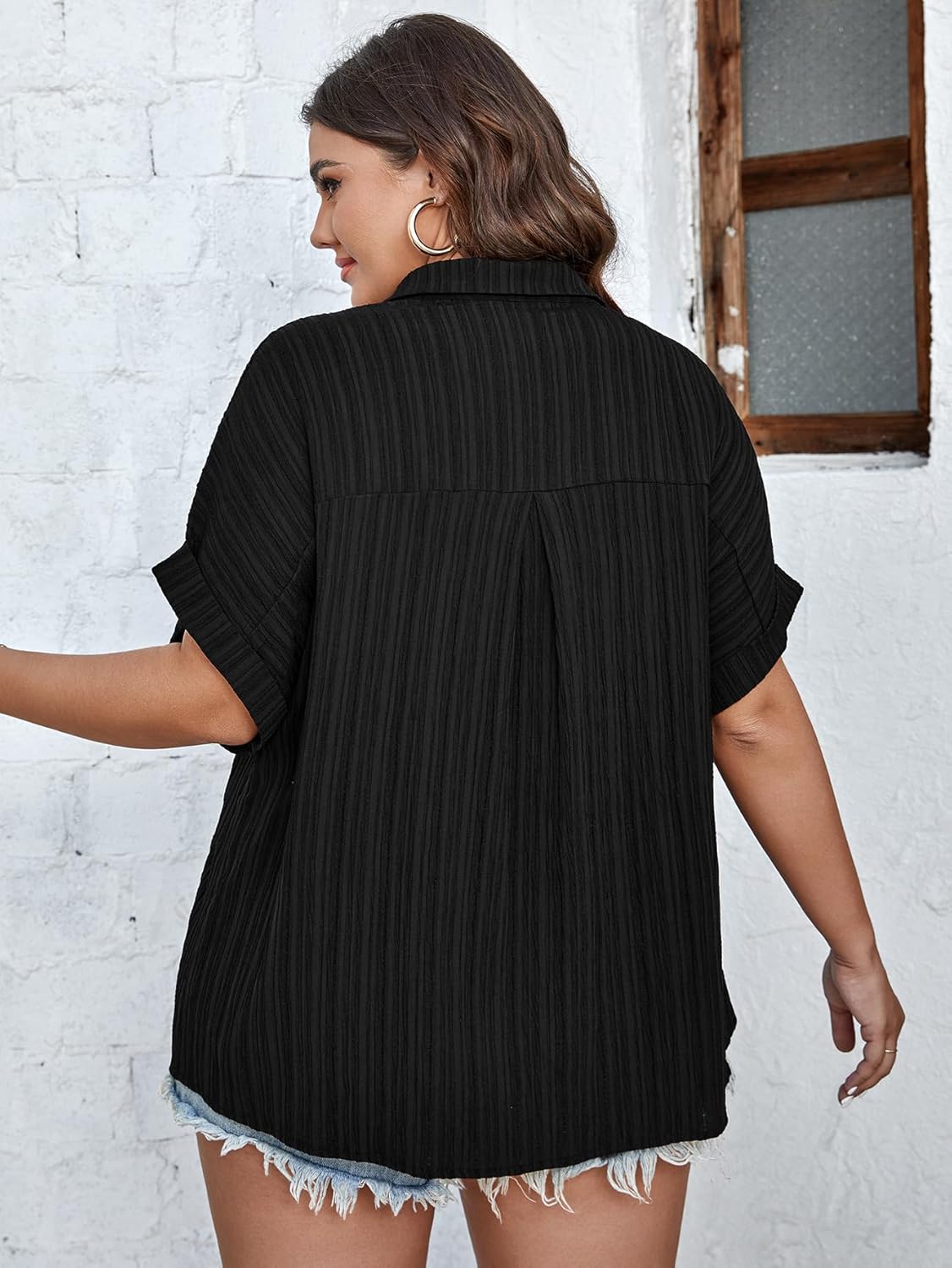 SCOMCHIC Women Plus Size Button Down Short Sleeve Shirts Collared Textured Summer Blouse Casual Tops with Pockets - Image 4