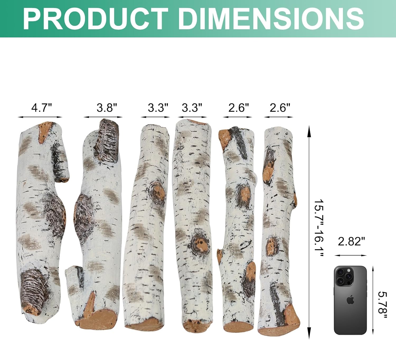 Gas Fireplace Logs Set, Ceramic White Birch Wood Gas Log for Gas Fireplace Insert, Faux Fireplace Fire Logs for Vented, Indoor Electric Fireplace Outdoor Fireplace Decor Fake Fireplace Logs, 6pcs