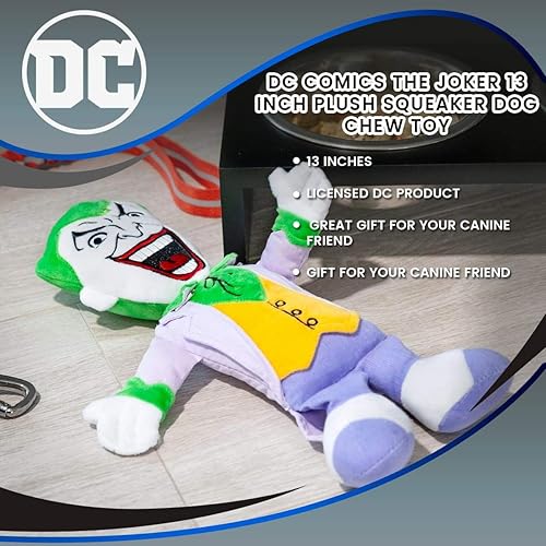 Miniatura 7 de DC Comics Crowded Coop - Juguete chirriante para masticar perro de felpa Joker, juguete masticable ligero a moderado, 13 pulgadas
