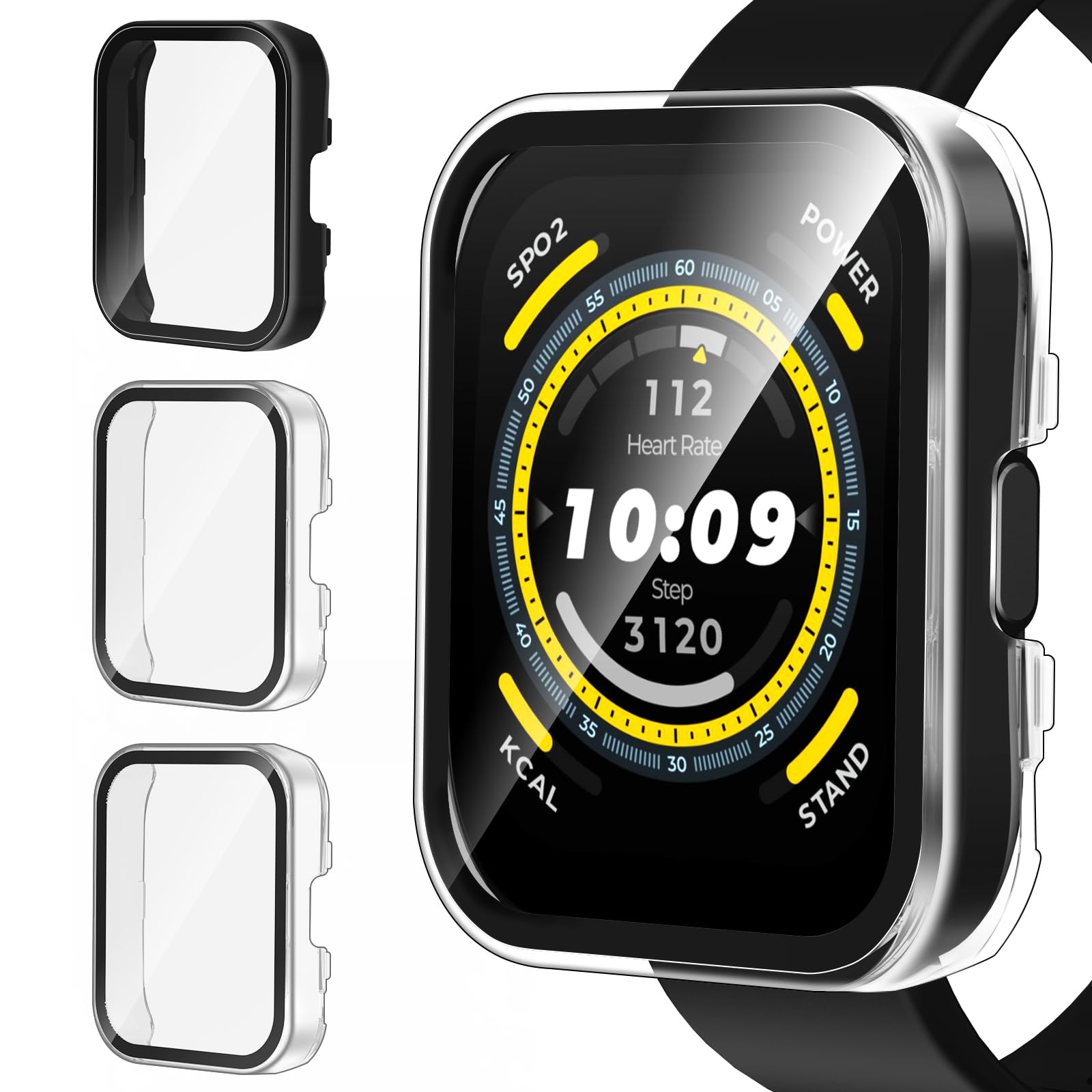 ivoler Funda para Amazfit Watch Protectora Todo Incluido, [3 Piezas] [PC Vidrio Templado] [Anti-Rasguños] Cáscara Protectora para Amazfit Bip 5-2 Transparente + 1 Negro