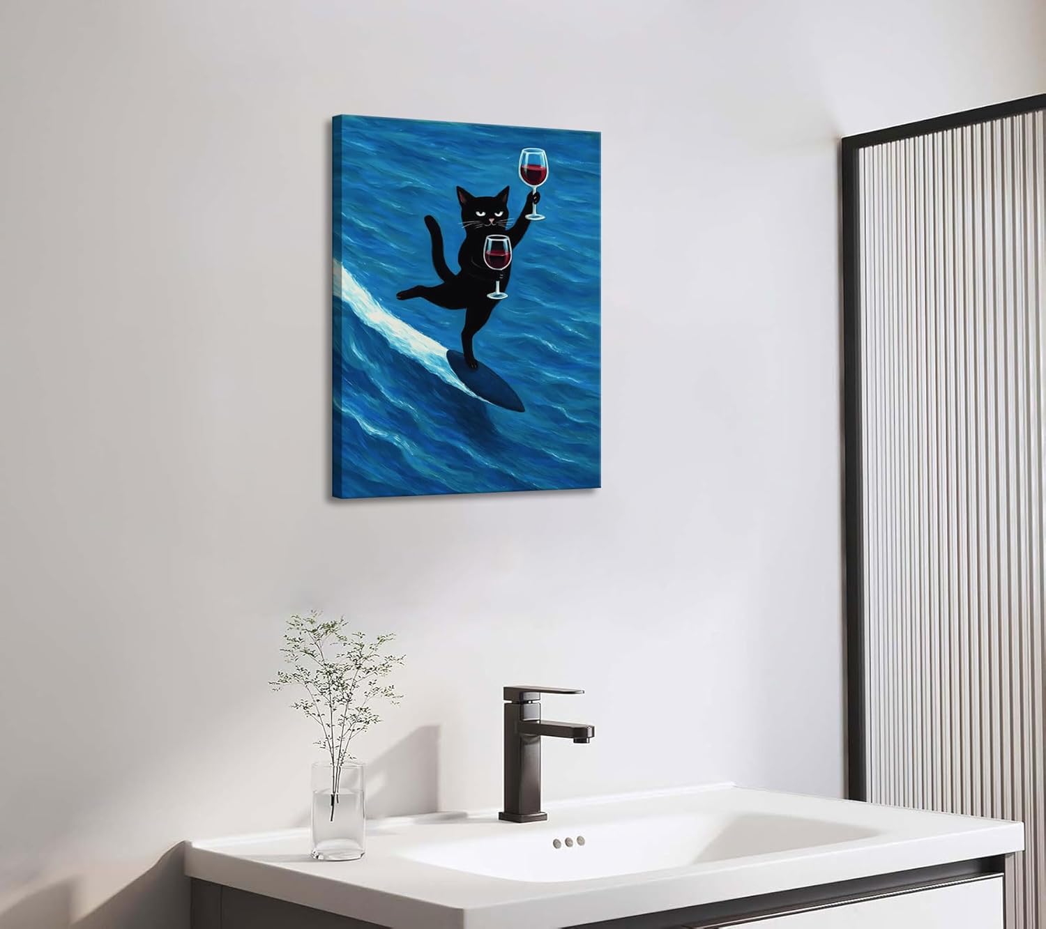 Funny Black Cat Canvas Wall Art Blue Modern Abstract Animal Print Poster Artwork Cute Cat Surfing with Wine Glass Painting Picture Wall Decor for Bathroom Bar Living Room Home Decoration 16x24in