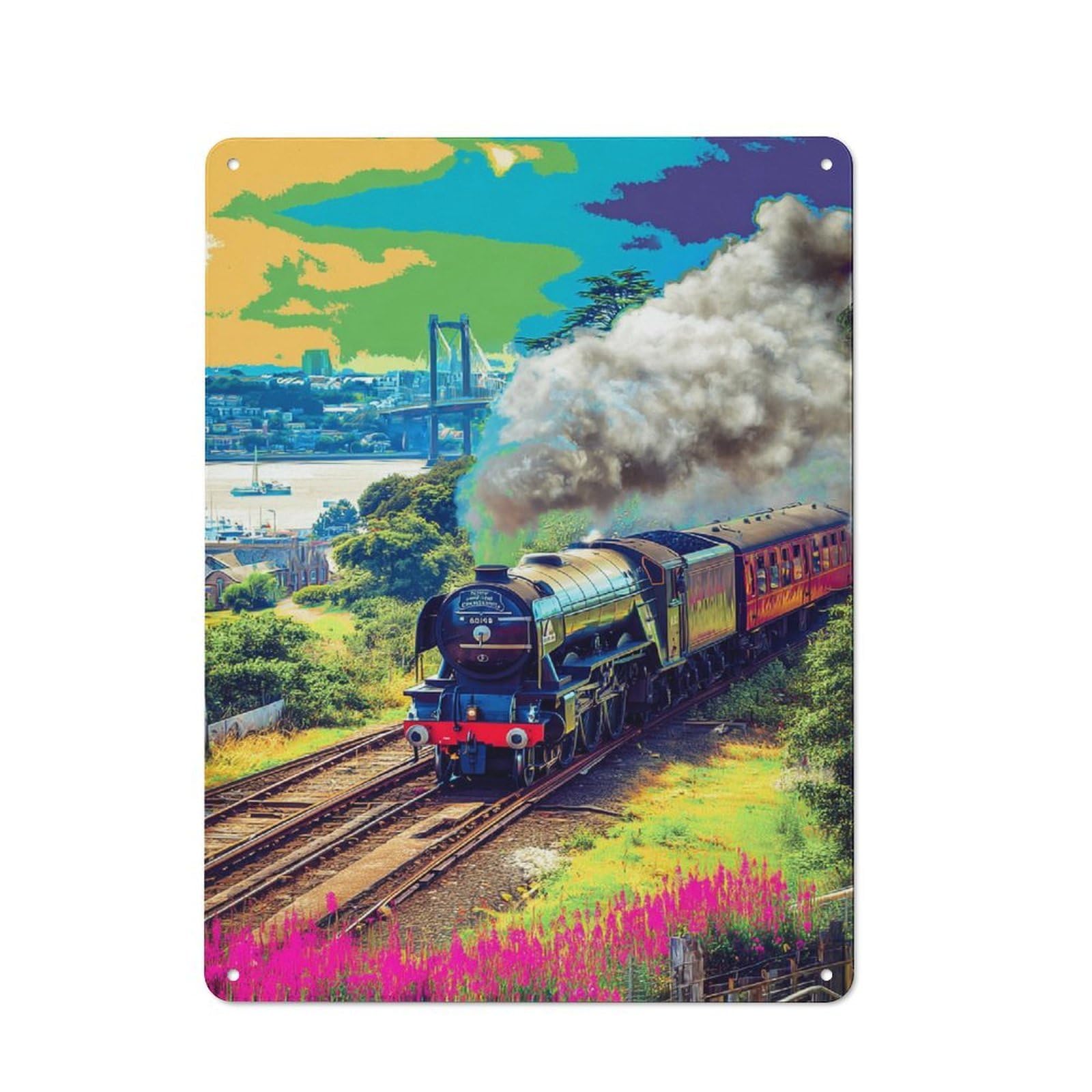 Junmoney Steam Train Journey Through Vibrant Landscape Vintage Cafe Metal Sign 40X30cm Featuring Bistro Wall Plaque For Tea Room, Shop Wall Or Breakfast Area