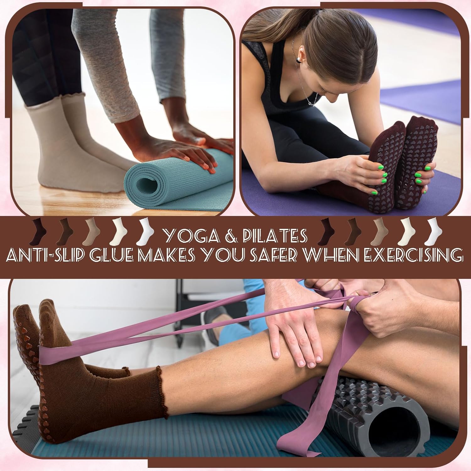 10 Pairs Pilates Socks with Grips for Women Crew Non Slip Ruffle Frilly Cuff Yoga Socks Bulk Pilates Gifts for Athletic Workout Barre Casual 5 Colors - Image 5