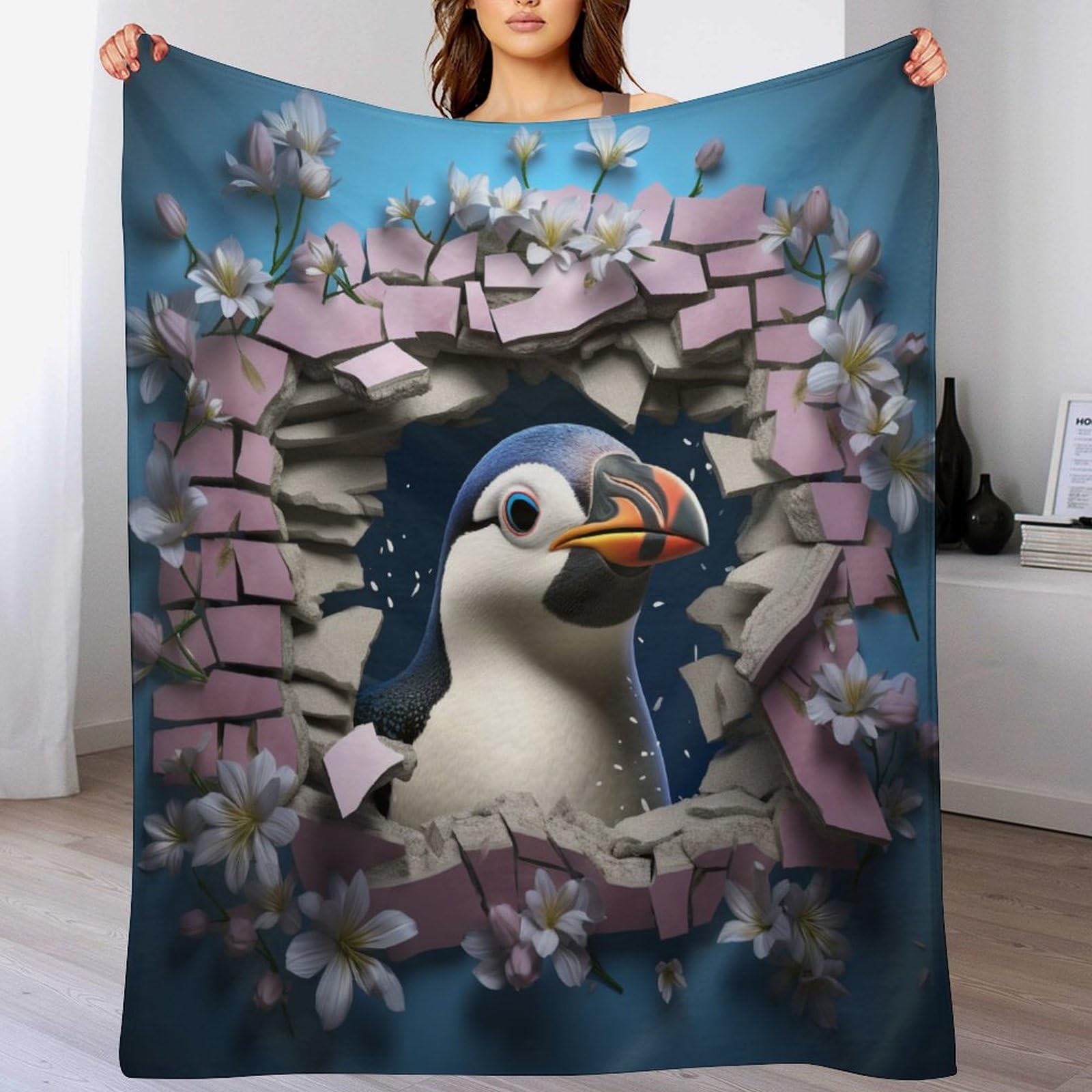 Plaid pingouin couverture polaire idéale pour cocooning sur le canapé ou le sofa